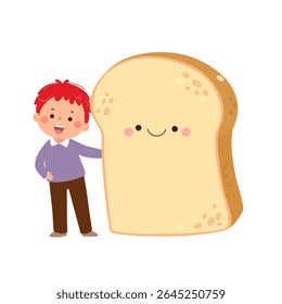 Garoto criança de desenhos animados com pão de fatias gigante bonito. Comida saudável para crianças