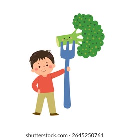Cartoon child boy holding cute giant broccoli on fork. Healthy food for kids