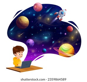 Cartoon child boy with laptop dreaming about galaxy flight and space discovery, universe, planets, rocket, stars and asteroids on starry sky vector background. Education and computer technologies