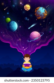 Cartoon child boy reading a book at night and dreaming about space. Child exploring distant galaxies and discovering new worlds filled with stars, planets, and fascinating extraterrestrial creatures