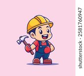 Cartoon Child Construction Worker, Young Worker with Hammer, Happy Boy Worker, Construction Kid Mascot