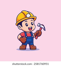 Cartoon Child Construction Worker, Young Worker with Hammer, Happy Boy Worker, Construction Kid Mascot