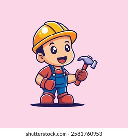 Cartoon Child Construction Worker, Young Worker with Hammer, Happy Boy Worker, Construction Kid Mascot