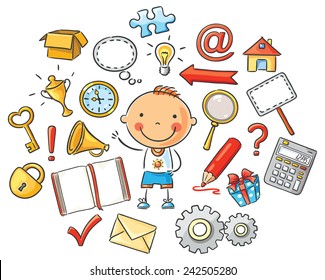 Dibujo infantil con diferentes objetos y símbolos, aislado