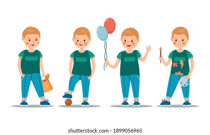 Cartoon child in different poses. Vector illustration of a boy with balls, shopper, football player, artist in flat style