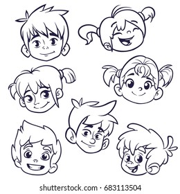 Cartoon child face icons. Vector set of children or teenagers heads outlined. Cutout illustration. Pretty kids