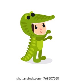 Cartoon child in funny crocodile costume. Boy or girl character wearing animal festive suit. Children party. Flat vector design for kindergarten or kids club poster