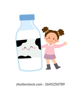 Cartoon child girl with cute bottle of milk. Healthy food for kids