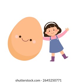 Menina de desenhos animados com ovo gigante bonito. Comida saudável para crianças