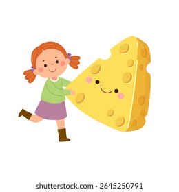 Cartoon child girl with cute giant cheese. Healthy food for kids