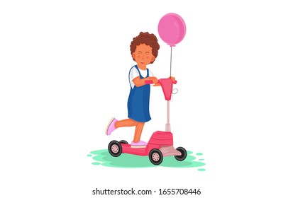 cartoon child girl riding a scooter, vector illustration