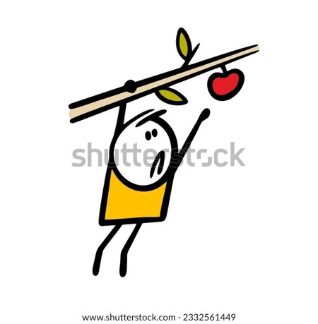 Cartoon child is hanging on a tree branch and reaching for an apple. Vector illustration of a hungry boy climbed up. Funny comics person action isolated on white background. 