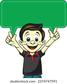 Cartoon child with holding a blank sign. Vector transparent background