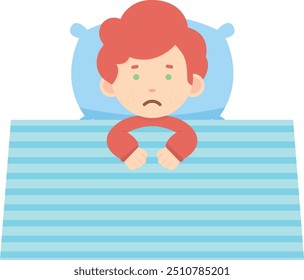 Caricatura de un niño con insomnio, acostado en la cama con los ojos abiertos, incapaz de dormir.