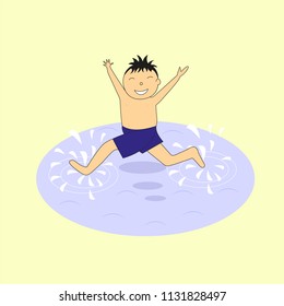 A cartoon child jumping in puddles. Vector illustration