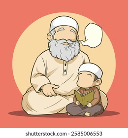 cartoon of a child learning the Koran with his parents