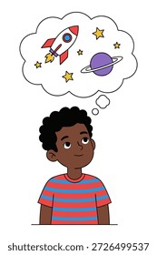 Niño de dibujos animados mirando hacia arriba pensando en aventuras astronómicas con estrellas de la nave espacial y Saturno en globo de nube