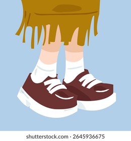 Cartoon Child in Oversized Sneakers. Kid's legs in oversized burgundy sneakers and white socks with torn brown skirt. Flat cartoon illustration on blue background.
