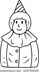 Cartoon child in party hat and cloak line art illustration
