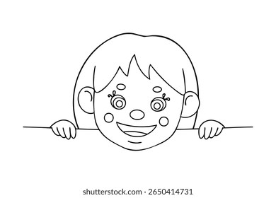 Cartoon child peeking over a line with hands smiling happy outline on face head