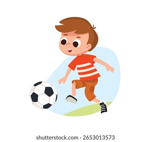 A cartoon child playing with a ball. A boy runs and kicks a soccer ball. Children's sports activity.
