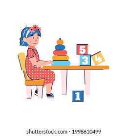 Cartoon child playing with fun education toys - little girl sitting behind table and learning to count with ring pyramid and number blocks. Isolated vector illustration.