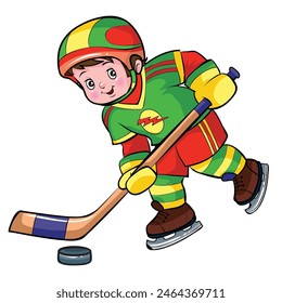 cartoon child playing hockey. The child is dressed in a bright uniform with stripes, skates and a helmet, and in his hands he has a hockey stick located next to the puck on the ice. 