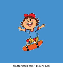cartoon child is playing skateboard with happy face