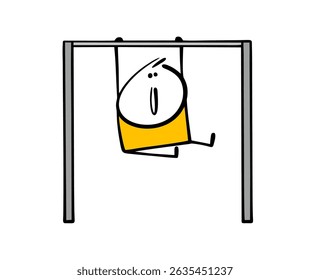 Cartoon child is playing sports, hanging on a horizontal bar, pulling up a vector illustration of a boy on the playground or in the gym.