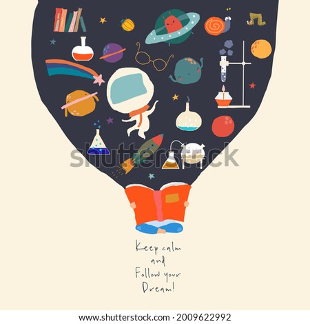 Cartoon Child reading Book and discovering New Worlds