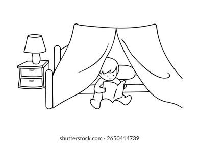 Criança de desenhos animados lendo um livro dentro de um forte de cama ao lado de um criado-mudo com um vetor de lâmpada