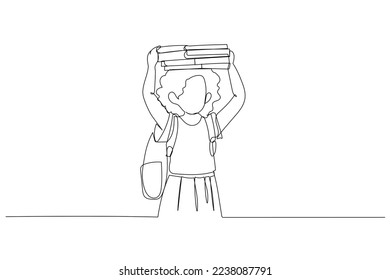 Cartoon of child school girl hold books on her head. One line style art
