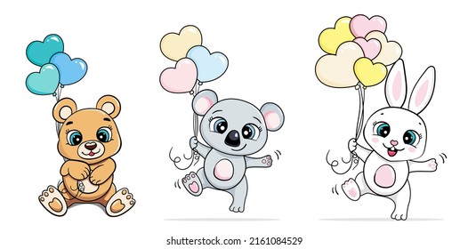 cartoon child set teddy bunny koala jumping with heart balloons. vector illustration isolated. card for boys and girls.