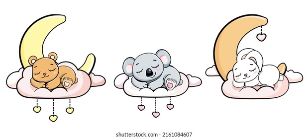 Cartoon Kind setzen Teddybunny koala schlafen auf Wolken unter Mond Vektorgrafik einzeln. Karte für Jungen und Mädchen.