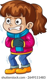 A cartoon child shivering in cold weather, wearing a scarf, gloves, and winter coat. Bright colors and expressive style