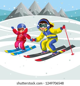 Cartoon child showing girl how to ski fast