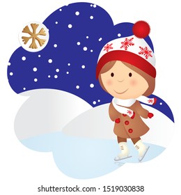 cartoon child skating in the winter evening. Snowfall and snowflake Christmas time