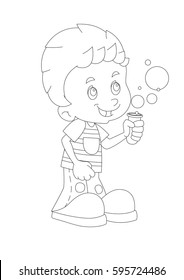 cartoon child standing having fun with science isolated coloring page