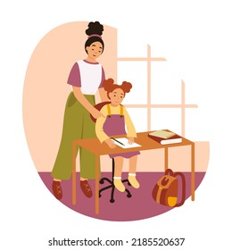 Cartoon child student sitting at table and studying with book, mother standing next to help daughter with homework, communication parents and children. Mom teaching kid at home vector illustration