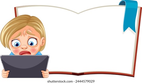 Cartoon of a child surprised by a blank book