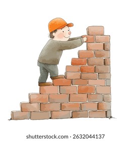 A cartoon child wearing an orange cap carefully places bricks, constructing a small brick wall.