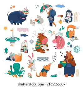 Cartoon childish animals set. Colorful patches of funny animals playing with toys, reading, learning, eating and having fun isolated on white background. Vector illustration