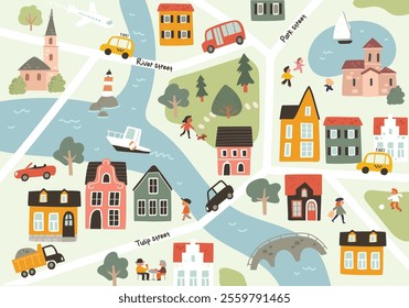 Cartoon childish city print cartoon map texture. Vector childish  pattern with  town symbols, cars, houses, buildings, trees, streets. Maze, labyrinth for children with way passing through the city. 