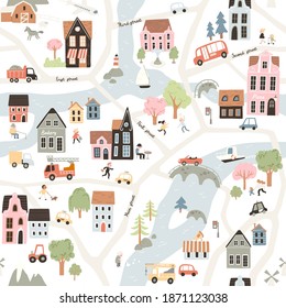 Cartoon childish city print. Vector childish seamless pattern with  town symbols, cars, houses, buildings, trees, streets. City easy simple drawing map.