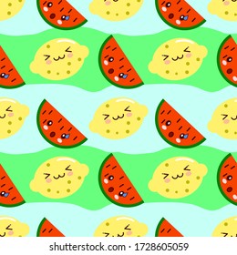 cartoon childish fruits of lemon and watermelon in kawaii style, with smiling faces, flowers of lemon and green leaves, seamless vector background EPS
