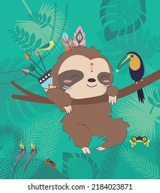 Cartoon childish illustration indian sloth on tree branch happy with little birds and toucan