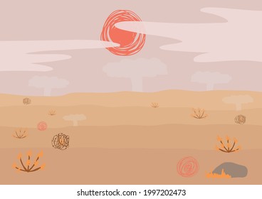 Cartoon childish landscape with desert, rocks, the sun, deserts plants. Flat vector scene for stickers, game or web design.
