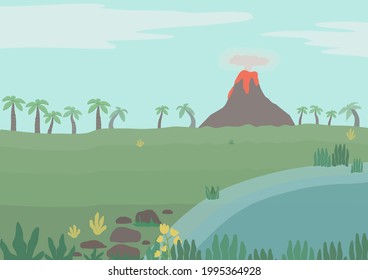 Cartoon childish landscape with palms, pond, volcano, flowers, plants. Flat jurassic, tropic scene for stickers, game or web design. Vector illustration