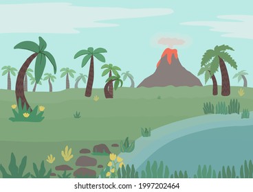 Cartoon childish landscape with palms, volcano, flowers, plants. Flat jurassic, tropic scene for stickers, game or web design. Vector illustration