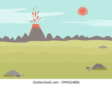 Caricatura del paisaje infantil con volcán, rocas. Escena plana jurásica, tropical para dinosaurios u otros animales pegatinas, diseño de juegos o web. Ilustración del vector